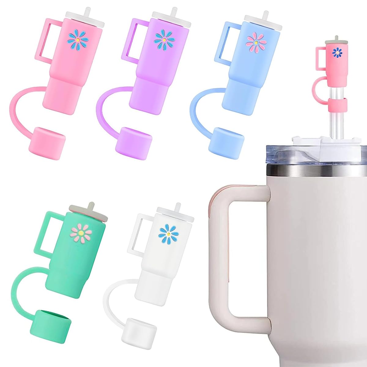 HASTHIP 5PCS Straw Cover Cap, Straw Protectors with Handle, Cute Silicone Straw Topper for 10mm Diameter Cup Accessories HASTHIP 5PCS Straw Cover Cap, Straw Protectors with Handle, Cute Silicone Straw Topper for 10mm Diameter Cup Accessories
